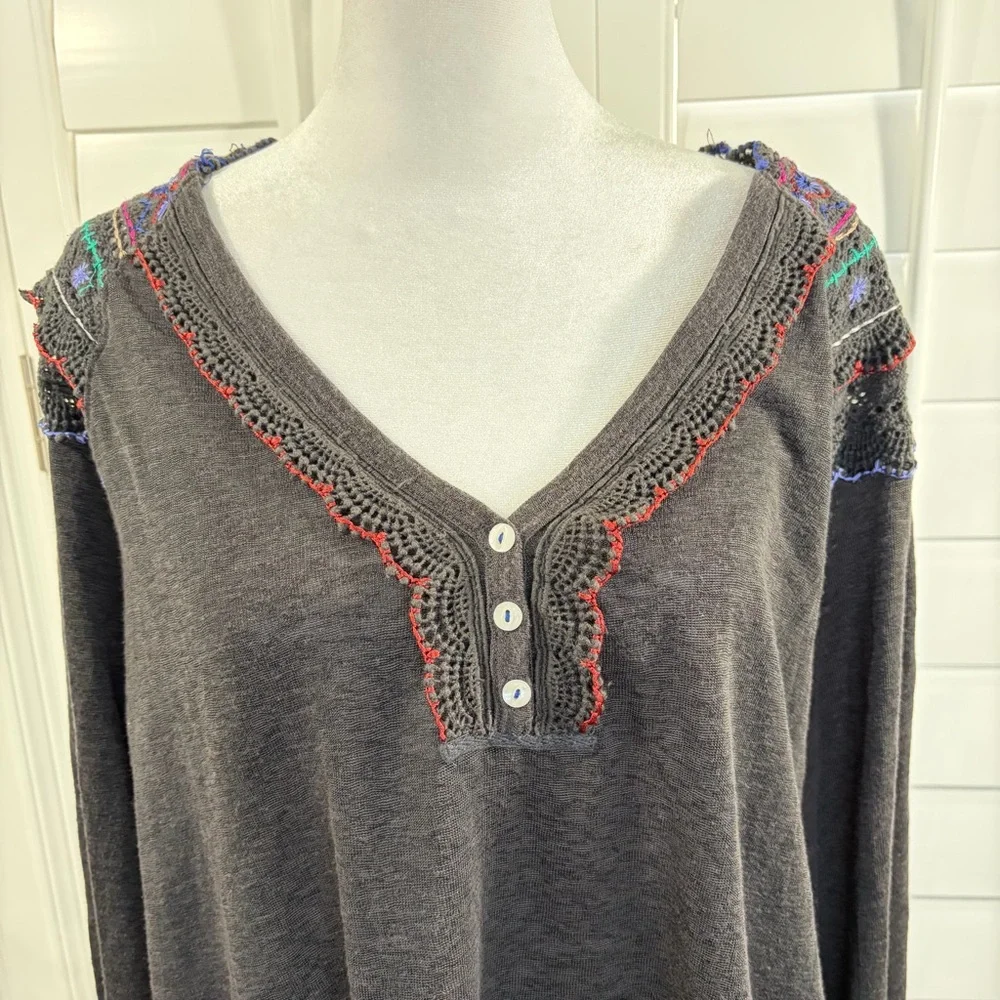 Free People Siesta Fiesta Colorful Embroidered Long Sleeve Shirt (M)
